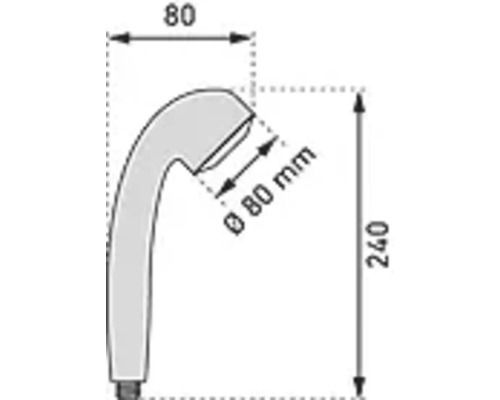 Dessin technique d'une douchette à main avec dimensions : diamètre de 80 millimètres, largeur de 80 millimètres, hauteur de 240 millimètres