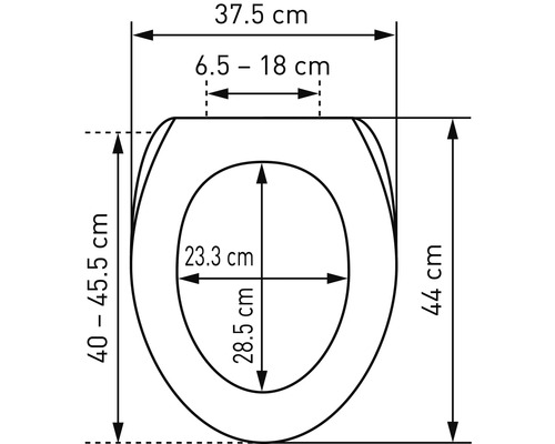 Technische Zeichnung eines WC-Sitzes mit Maßangaben