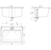 Technische Zeichnung eines Waschbeckens mit Maßangaben.