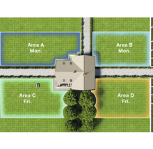 Vue de dessus d'une maison avec jardin, divisé en zones de tonte avec calendrier