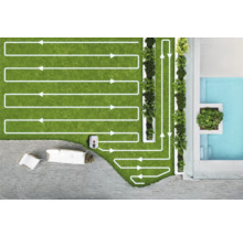 Vue de dessus d'un jardin avec un robot tondeuse qui indique son itinéraire par des lignes avec des flèches