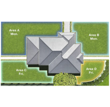 Vue de dessus d'une maison avec des espaces verts et un plan d'irrigation.