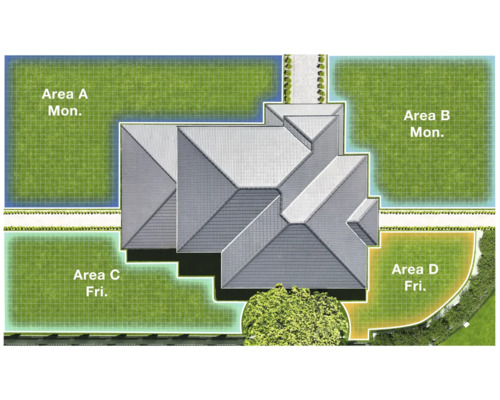 Vue de dessus d'une maison avec des espaces verts et un plan d'irrigation.