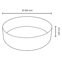 Schéma d'une jardinière avec les dimensions diamètre 360 millimètres et hauteur 120 millimètres