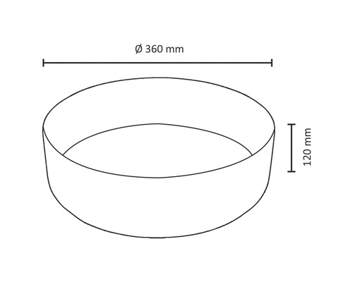 Schéma d'une jardinière avec les dimensions diamètre 360 millimètres et hauteur 120 millimètres