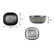 Trois vues d'un lavabo à poser avec indications de dimensions.