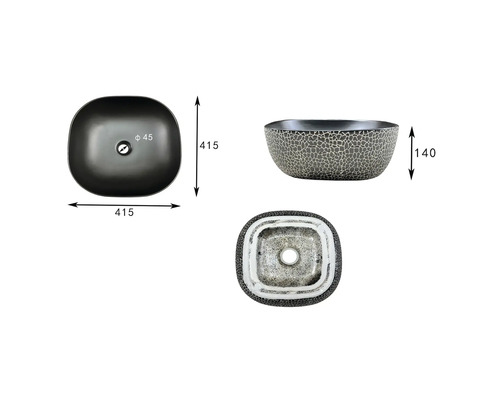Trois vues d'un lavabo à poser avec indications de dimensions.