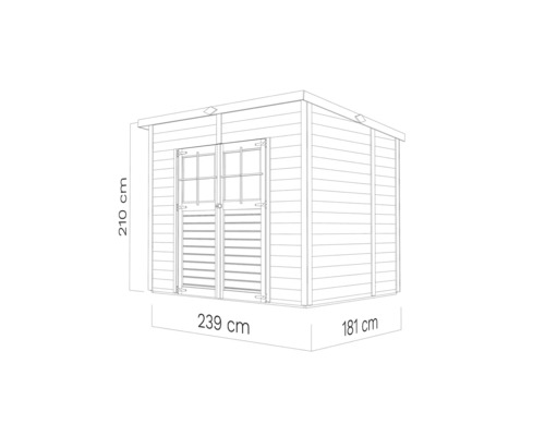 Dessin d'un abri de jardin avec les dimensions 239 x 181 x 210 cm