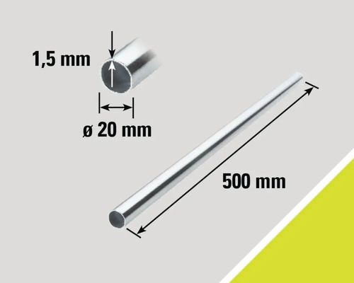 Tube en aluminium avec des dimensions de 500 mm de long, 20 mm de diamètre et 1,5 mm d'épaisseur de paroi