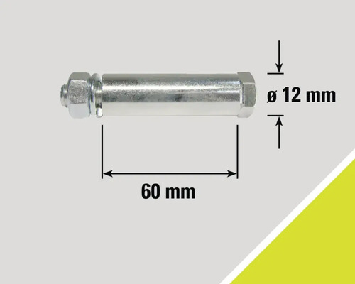 Abbildung eines Bolzens mit Mutter und Massangaben: Durchmesser 12 mm, Länge 60 mm.