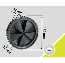Roue avec des dimensions de 150 mm de diamètre et 12 mm de largeur, capacité de charge jusqu'à 25 kilogrammes