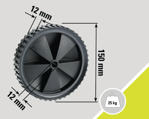 Roue avec des dimensions de 150 mm de diamètre et 12 mm de largeur, capacité de charge jusqu'à 25 kilogrammes