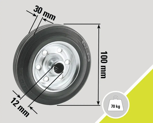 Rad mit Reifen und einer Tragkraft von 70 Kilogramm, Maße: 100 mm Durchmesser, 30 mm Reifenbreite, 12 mm Achsbohrung