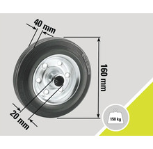 Roue avec dimensions de 160 millimètres par 40 millimètres et une capacité de charge de 150 kilogrammes