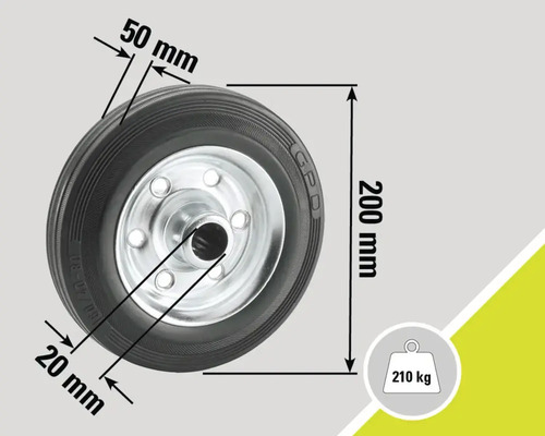 Roue avec pneu, diamètre 200 millimètres, largeur du pneu 50 millimètres, alésage d'axe 20 millimètres, charge maximale 210 kilogrammes