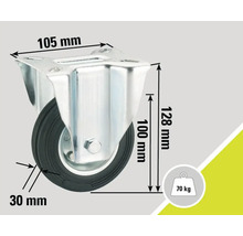 Roue pivotante mesurant 105 mm sur 128 mm et supportant une charge maximale de 70 kilogrammes.