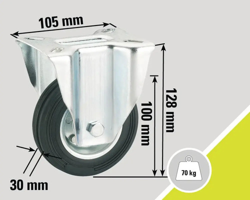 Roue pivotante mesurant 105 mm sur 128 mm et supportant une charge maximale de 70 kilogrammes.