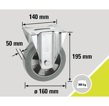 Roue pivotante avec frein, diamètre 160 millimètres, capacité de charge 300 kilogrammes