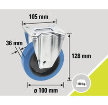 Roue pivotante avec des dimensions de 105 mm x 128 mm x diamètre 100 mm et une capacité de charge de 150 kg