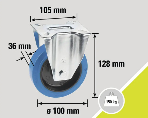 Roue pivotante avec des dimensions de 105 mm x 128 mm x diamètre 100 mm et une capacité de charge de 150 kg