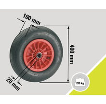 Roue avec des dimensions de 400 mm de hauteur, 100 mm de largeur, trou d'essieu de 20 mm et une capacité de charge maximale de 200 kg