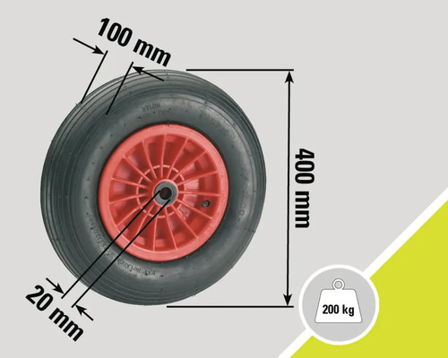 Roue avec des dimensions de 400 mm de hauteur, 100 mm de largeur, trou d'essieu de 20 mm et une capacité de charge maximale de 200 kg