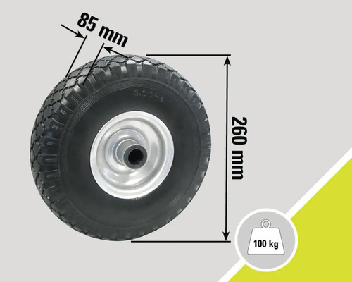 Roue avec des dimensions de 260 mm de hauteur et 85 mm de largeur, capacité de charge jusqu'à 100 kg