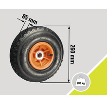 Roue d'une largeur de 85 millimètres, d'un diamètre de 260 millimètres et d'une capacité de charge de 200 kilogrammes