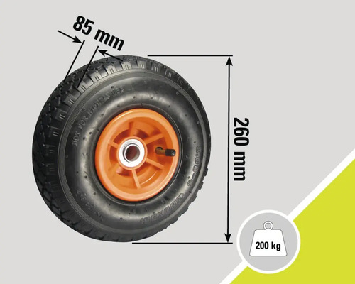 Roue d'une largeur de 85 millimètres, d'un diamètre de 260 millimètres et d'une capacité de charge de 200 kilogrammes