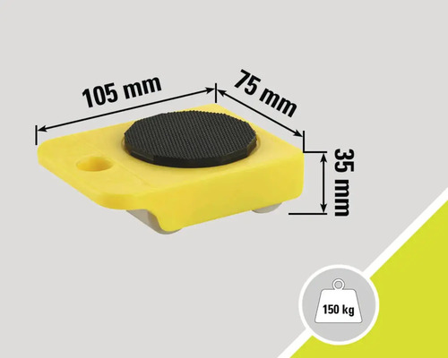 Roulette de transport de meubles avec des dimensions de 105 x 75 x 35 mm et une capacité de charge maximale de 150 kilogrammes