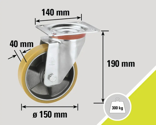 Lenkrolle mit den Maßen 140 mm x 150 mm x 190 mm und einer Traglast von 300 kg