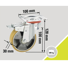 Roue pivotante avec frein, diamètre de roue de 100 mm et capacité de charge de 200 kg