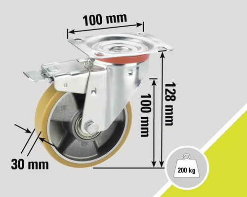 Roue pivotante avec frein, diamètre de roue de 100 mm et capacité de charge de 200 kg