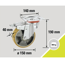 Roue pivotante avec frein, dimensions 140 mm x 150 mm x 190 mm, capacité de charge 300 kg
