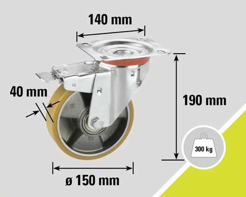 Roue pivotante avec frein, dimensions 140 mm x 150 mm x 190 mm, capacité de charge 300 kg