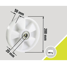 "Weißes Rad mit den Maßen 200 mm Höhe, 50 mm Breite und 20 mm Durchmesser