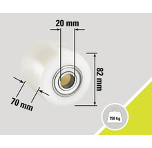 Rouleau avec dimensions 20 mm, 70 mm et 82 mm et une capacité de charge de 750 kg