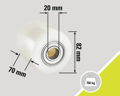 Rouleau avec dimensions 20 mm, 70 mm et 82 mm et une capacité de charge de 750 kg