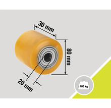 Polyurethan Rolle mit Kugellager und den Maßen 80 mm x 30 mm x 20 mm, Traglast 400 kg