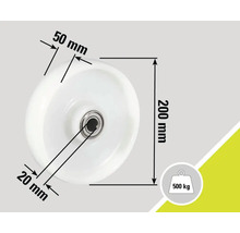 Rollenmassangaben: 200 mm Durchmesser, 50 mm Radbreite, 20 mm Achsbohrung, Traglast 500 kg
