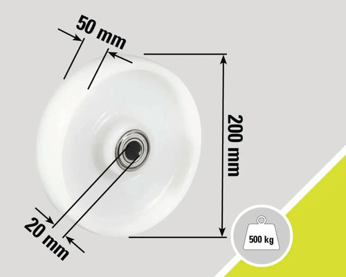 Rollenmassangaben: 200 mm Durchmesser, 50 mm Radbreite, 20 mm Achsbohrung, Traglast 500 kg
