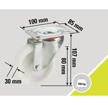 Lenkrolle mit den Maßen 100 mm mal 85 mm, 107 mm hoch, Raddurchmesser 80 mm und Radbreite 30 mm, maximale Belastung 150 kg