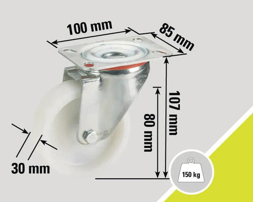 Lenkrolle mit den Maßen 100 mm mal 85 mm, 107 mm hoch, Raddurchmesser 80 mm und Radbreite 30 mm, maximale Belastung 150 kg