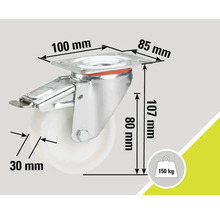 "Galet pivotant avec frein et dimensions : plaque de montage 100 mm x 85 mm, hauteur 107 mm, hauteur d'essieu 80 mm et diamètre de roue 30 mm 
