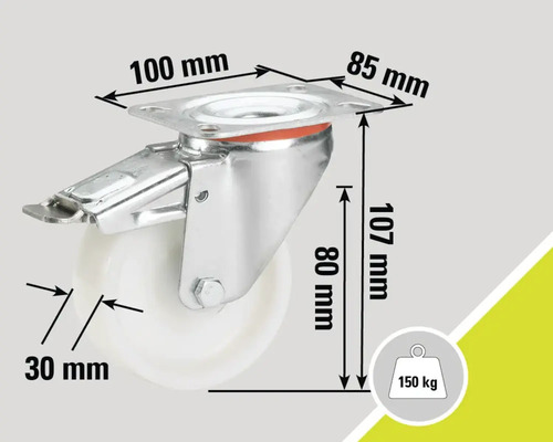 "Galet pivotant avec frein et dimensions : plaque de montage 100 mm x 85 mm, hauteur 107 mm, hauteur d'essieu 80 mm et diamètre de roue 30 mm 