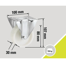 Support à roulettes avec une capacité de charge de 150 kilogrammes et des dimensions de 100 x 107 x 30 millimètres.