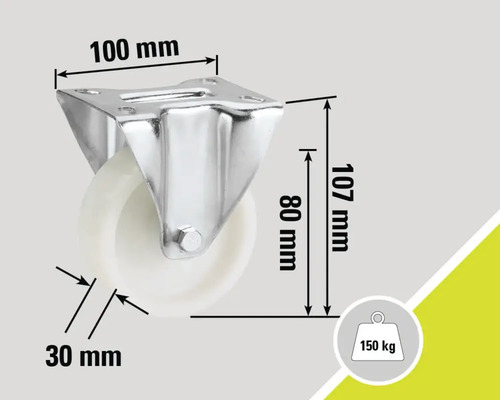 Support à roulettes avec une capacité de charge de 150 kilogrammes et des dimensions de 100 x 107 x 30 millimètres.