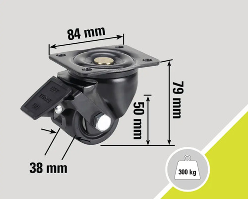 Roue pivotante avec frein et les dimensions 84 mm, 79 mm, 50 mm et 38 mm, capacité de charge 300 kilogrammes.