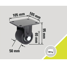 Lenkrolle mit den Massen 105 mm x 105 mm x 95 mm und einer Traglast von 500 kg