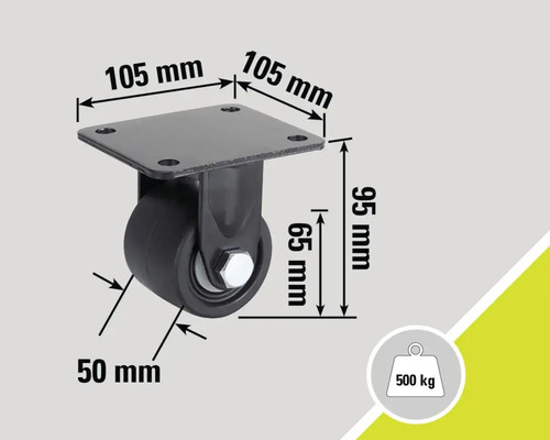 Lenkrolle mit den Massen 105 mm x 105 mm x 95 mm und einer Traglast von 500 kg